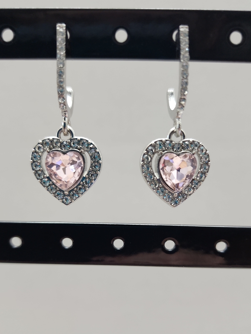 Pink Gemstone/crystal And White Rhinestones Heart Drop Earrings On Silver.